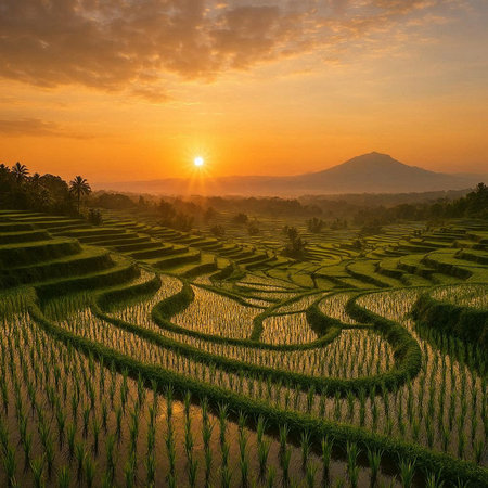 Terraced rice field in Bali at sunset, Indonesia.