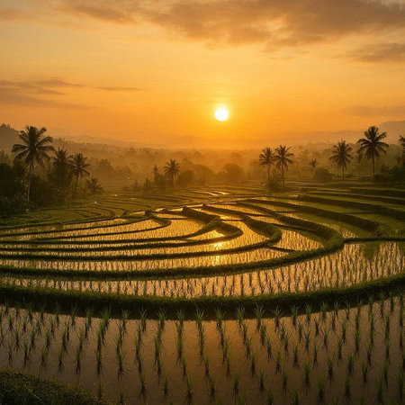 Rice field terraces at sunset in Bali, Indonesia.