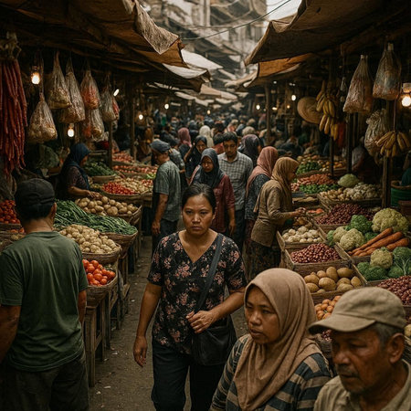 View of unknowns Nepali people selling vegetables at the street market in Kathmandu in the morning