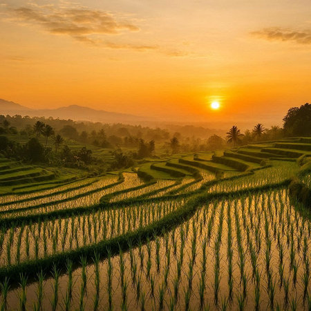 Rice terraces at sunset in Bali, Indonesia. Beautiful landscape with rice fields.