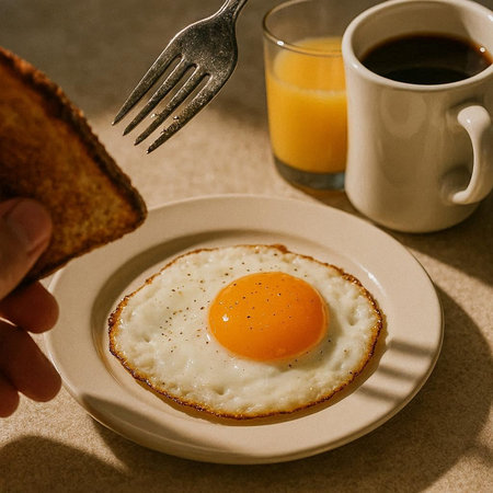 Fried egg on a plate with toast, coffee and orange juice