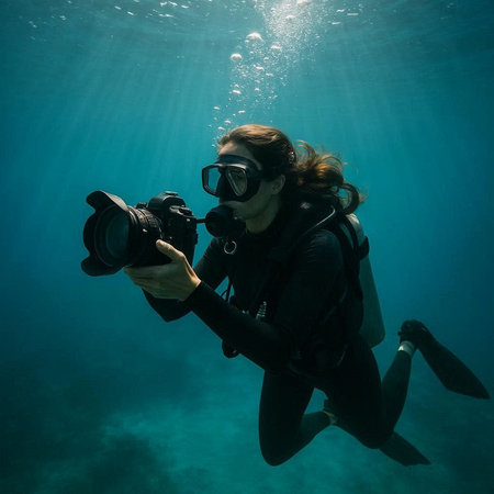 Woman scuba diver with camera underwater in the tropical sea, underwater photo