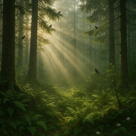Foggy morning in the woods with sunbeams and birds