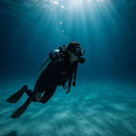 Scuba diver in the deep blue sea with sunbeams.