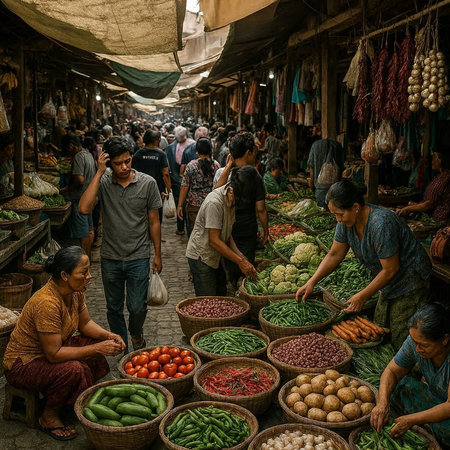 View of unknowns Nepali people selling vegetables at the street market in Kathmandu in the morning