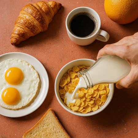 Breakfast with coffee, croissants and eggs on a brown background