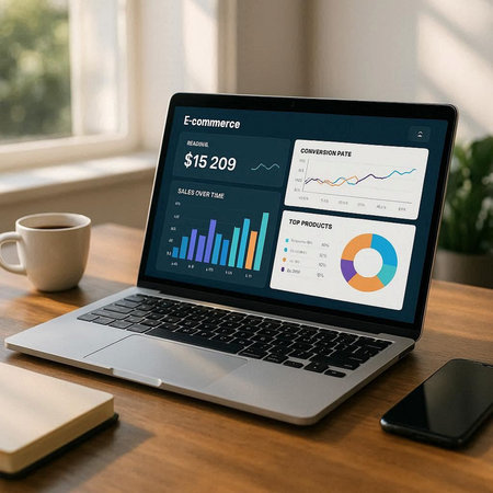 Laptop screen displaying a financial report on a desk with a cup of coffee