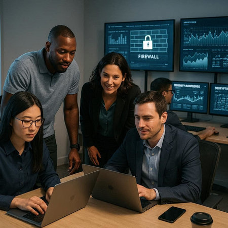 Group of business people working on laptop computer in modern office. Multiethnic corporate team.