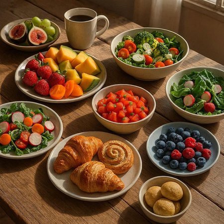 Healthy breakfast with croissants, berries, fruits and vegetables