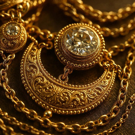 golden necklace and earrings on a dark background close-up