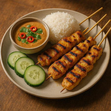 Grilled chicken skewers with rice and cucumber on wooden table