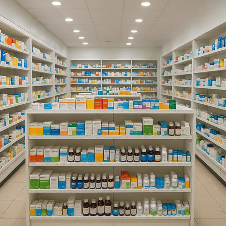 Pharmacy drugstore interior with shelves and rows of pharmaceutical products