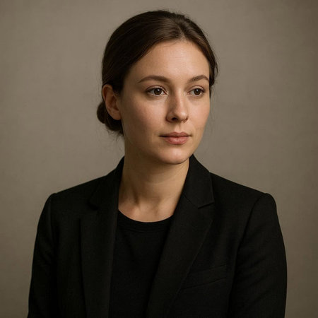 Portrait of a beautiful young woman in a black suit on a gray background