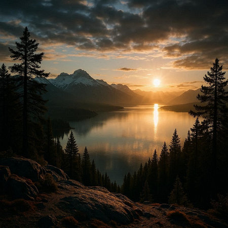 Sunset over lake in Banff National Park, Alberta, Canada