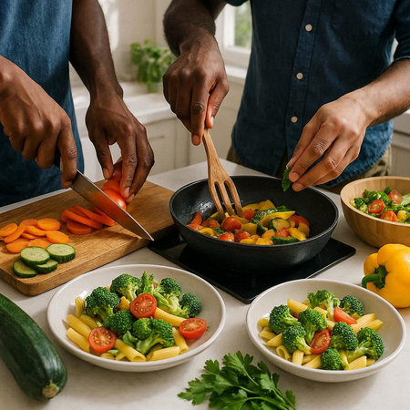 Close up of African American man and woman cooking vegetables salad in the kitchen at home