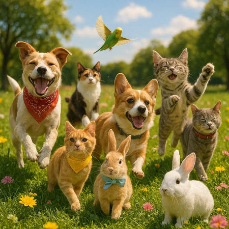 group of cats, dogs and pets in a meadow in summer
