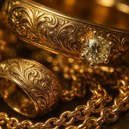 golden bracelets with diamonds on a dark background close-up