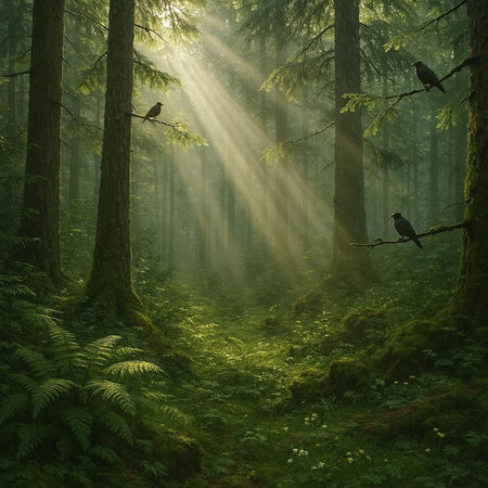 Mysterious forest with crows in the rays of the sun