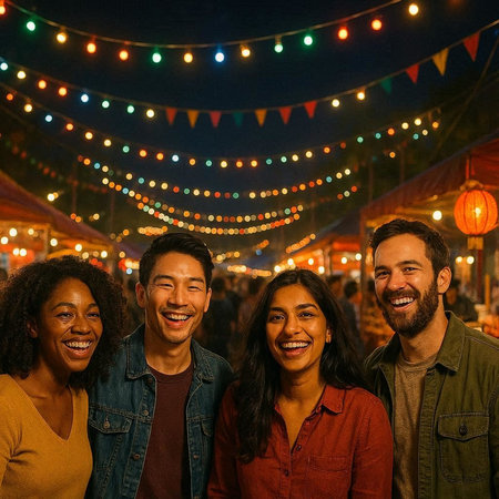 Group of friends having fun at a street food festival - Multiracial group of friends having fun together