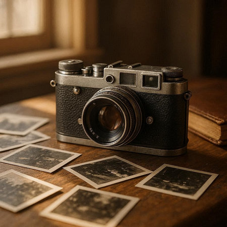 Retro camera and old photos on a wooden table, close-up
