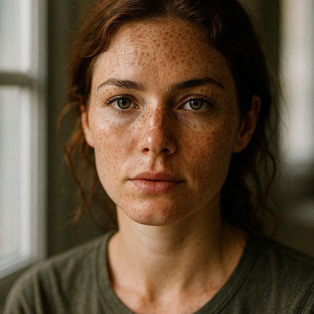 Portrait of a young woman with freckles on her face