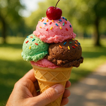 Ice cream in a waffle cone in the hands of a girl.