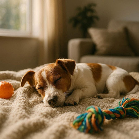 Jack russell terrier puppy sleeps on a knitted blanket.