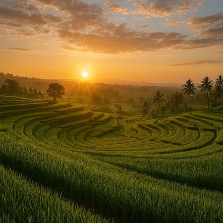Rice terraces in Bali, Indonesia. Beautiful sunset.