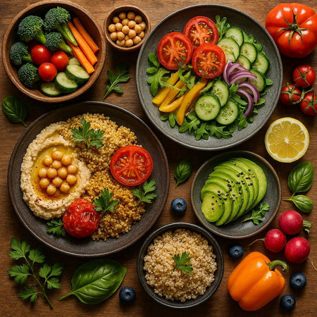 Healthy vegetarian food. Bowls with quinoa, chickpeas, tomatoes, avocado, cucumbers, pepper, onion, parsley and hummus. Top view