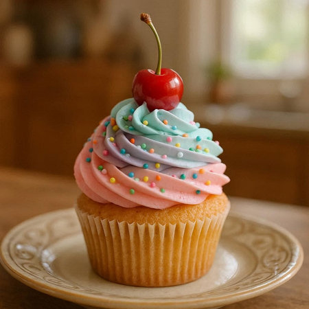Cupcake with colorful cream and cherry on a wooden table.
