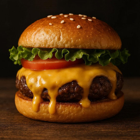 Hamburger with cheese, tomato and lettuce on a dark background