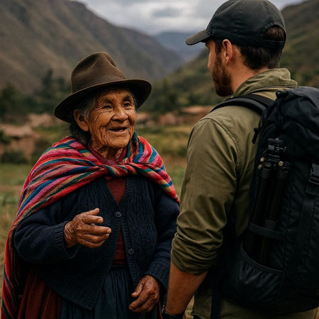 Portrait of an elderly woman with her son in the mountains.