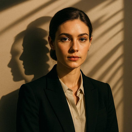 Portrait of beautiful young business woman in suit looking at camera.