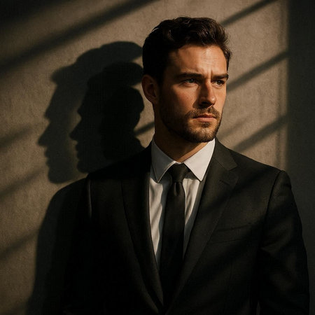 Portrait of a handsome man in a black suit. Men's beauty, fashion.
