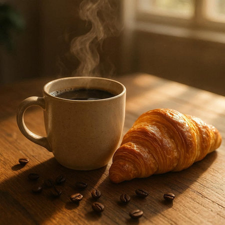 Cup of coffee and croissant on a wooden table.