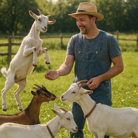 Portrait of a farmer and his goats in the meadow.