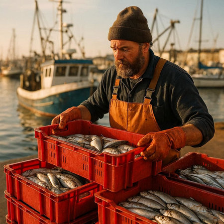 Fisherman with boxes of freshly caught mackerel on the pier