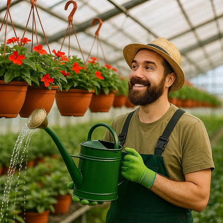 Portrait of a gardener watering plants with a watering can in a greenhouse