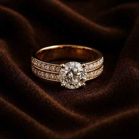 Jewelry ring with diamonds on a brown satin background.