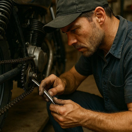 Professional mechanic repairing a motorcycle in garage. Closeup portrait of a car mechanic.