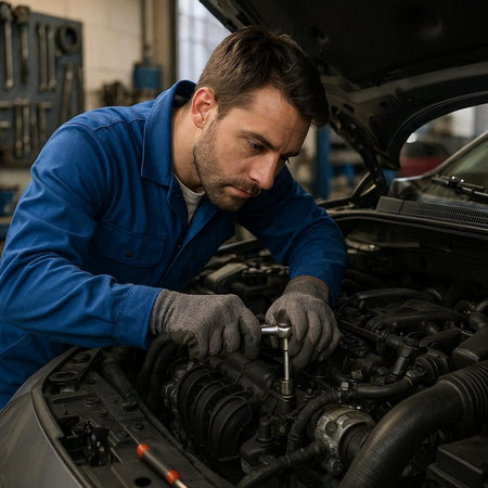 Handsome Caucasian male mechanic repairing a car in a garage.