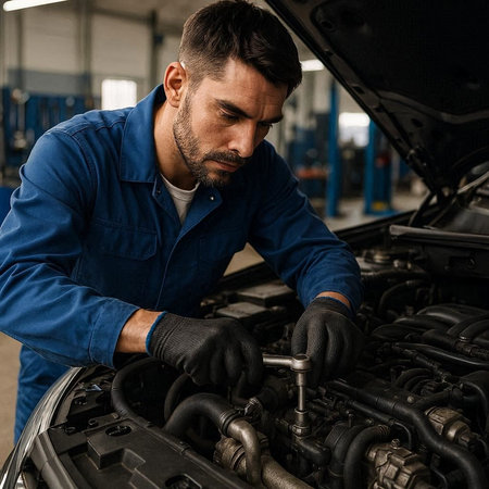 Portrait of a mechanic repairing a car in a car repair shop.