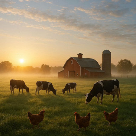Flock of cows grazing on a green meadow at sunrise.