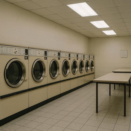 Laundry room with washing machines and table in a hospital.