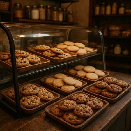 Chocolate chip cookies in wooden box on wooden table in coffee shop
