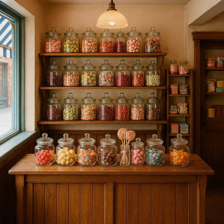 Assortment of candies in glass jars on a wooden shelf.