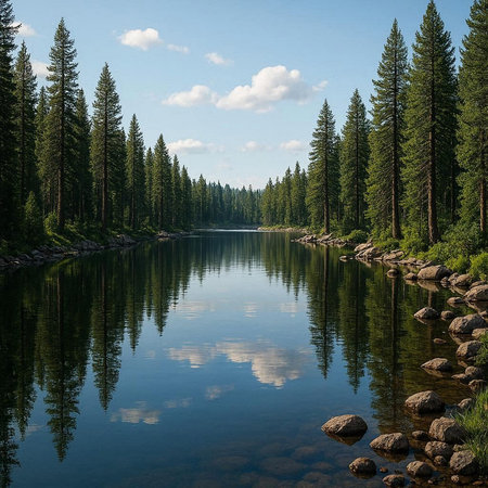 Mountain lake in the coniferous forest. Summer landscape.