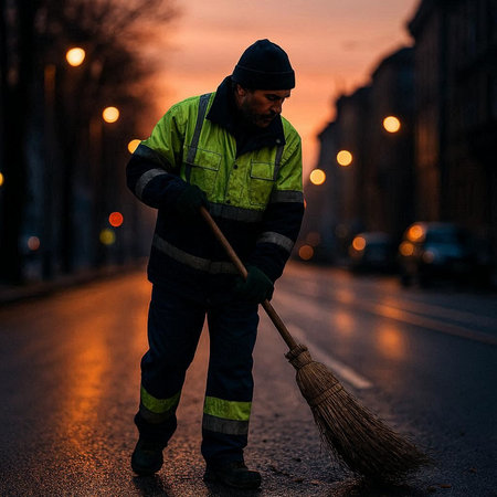 A young man with a broom is cleaning the street in the evening.