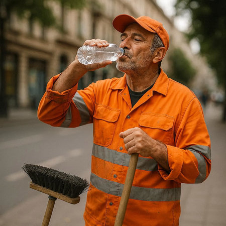 Mature man cleaning the street with a broom and drinking water.