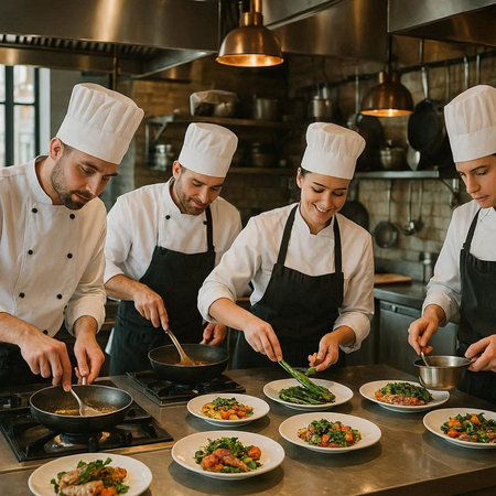 chef and his team in aprons preparing food in restaurant kitchen